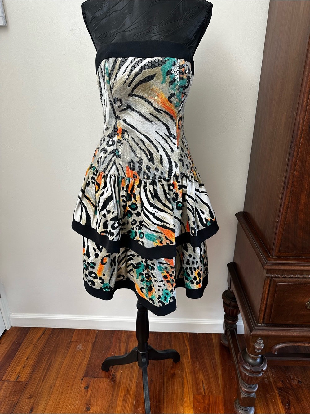 Strapless Animal Print Tiered Mini Dress - Black, White, Teal & Orange